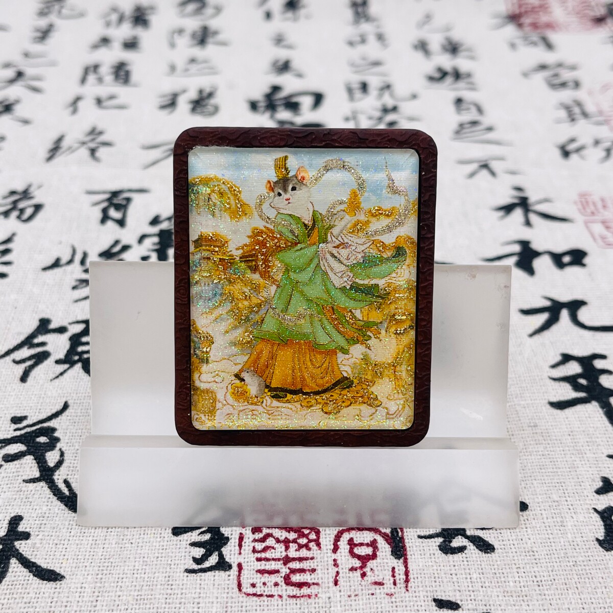 双面洒金手绘灰大仙+纯手绘五雷枣木唐卡道牌吊坠镶银南斗北斗
