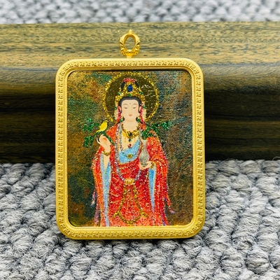 正品洒金手绘观音菩萨唐卡佛牌护身符吊坠铜镀金噶乌盒