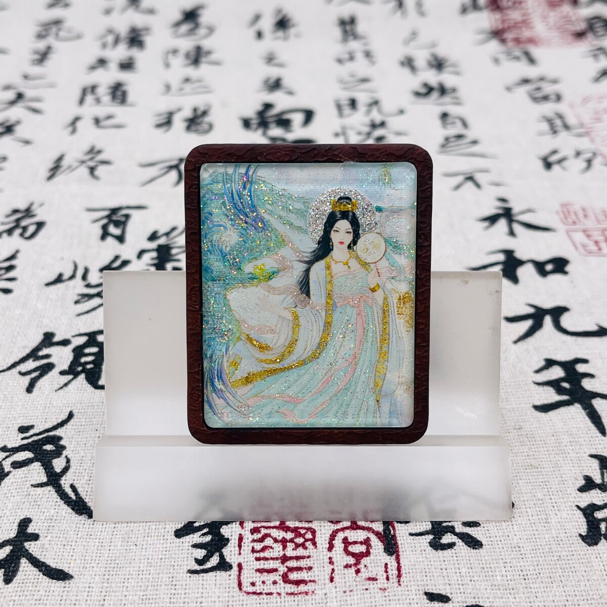 双面洒金手绘青鸾+纯手绘五雷枣木唐卡道牌吊坠镶银南斗北斗