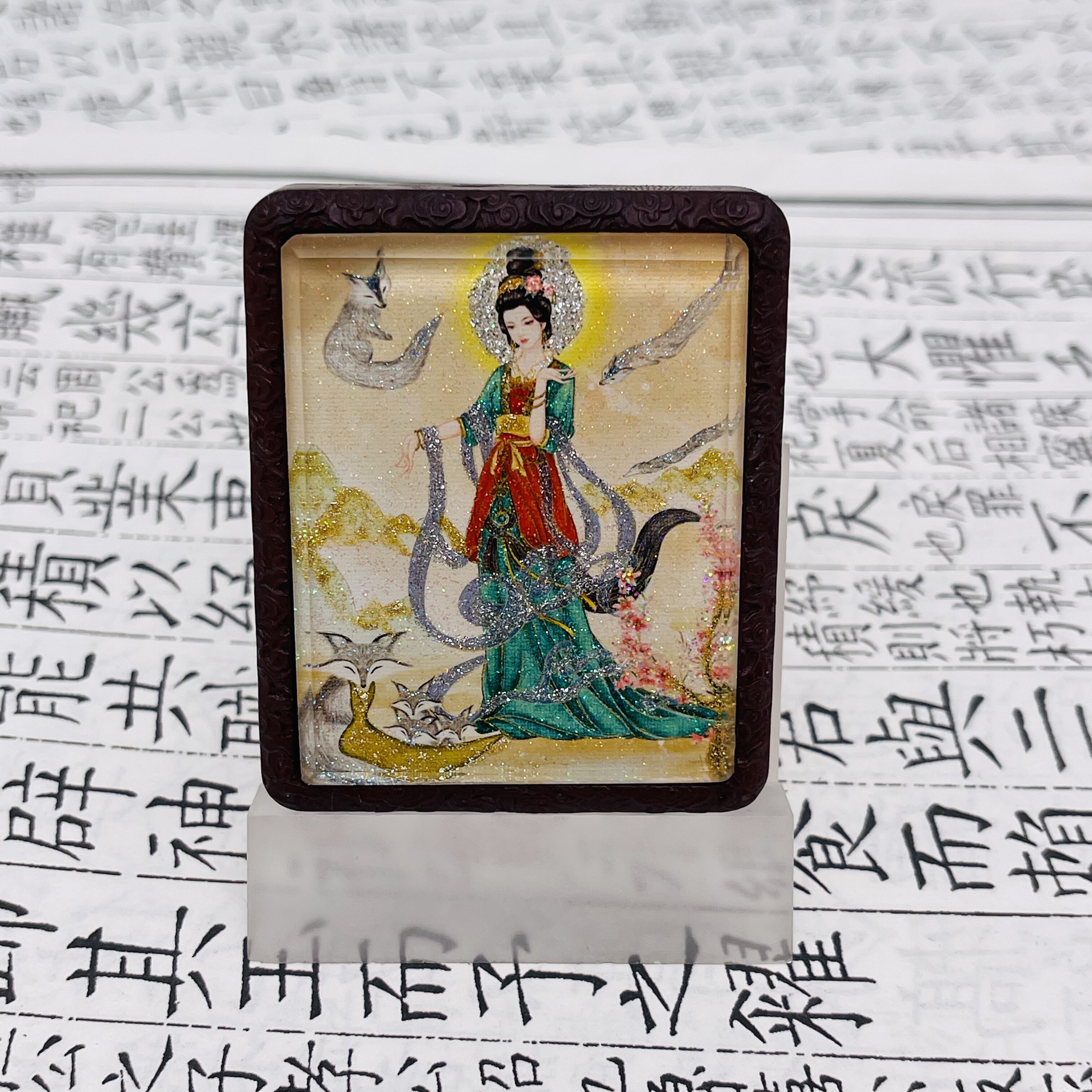 双面洒金手绘美女狐狸+纯手绘讳字枣木唐卡道牌镶银南斗北斗