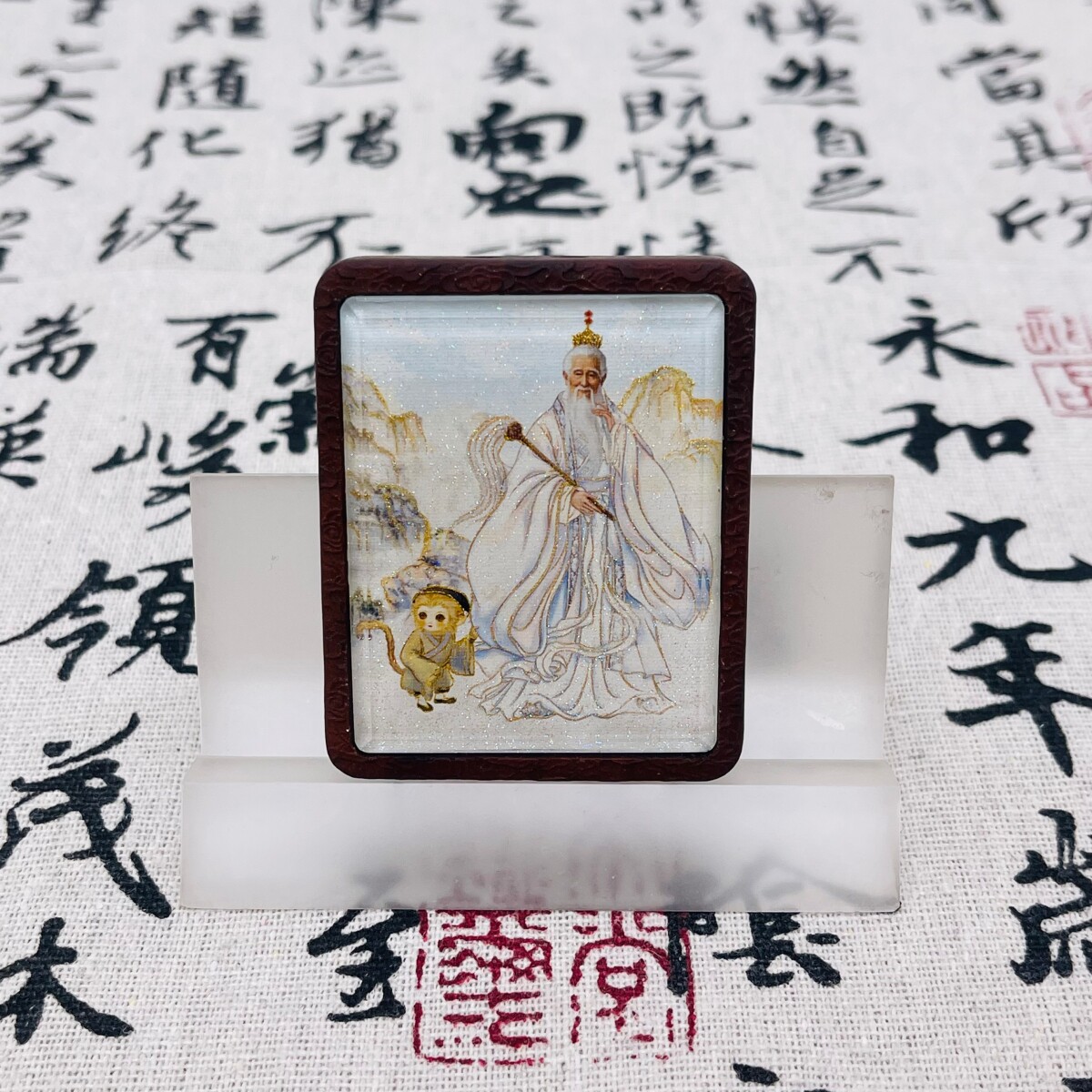 双面洒金手绘菩提祖师+纯手绘五雷枣木唐卡道牌吊坠镶银南斗北斗