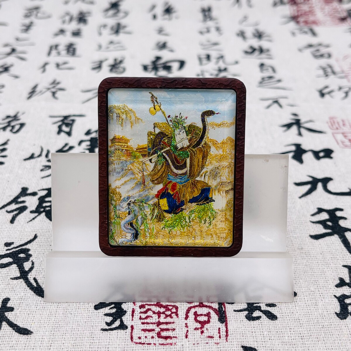 双面洒金手绘常大仙+纯手绘五雷枣木唐卡道牌吊坠镶银南斗北斗