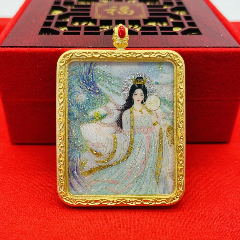 正品洒金纯手绘青鸾唐卡道牌护身符吊坠铜镀金噶乌盒