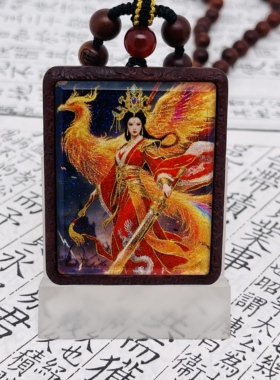 双面洒金手绘九天玄女+纯手绘玄鸟枣木唐卡道牌镶银南斗北斗