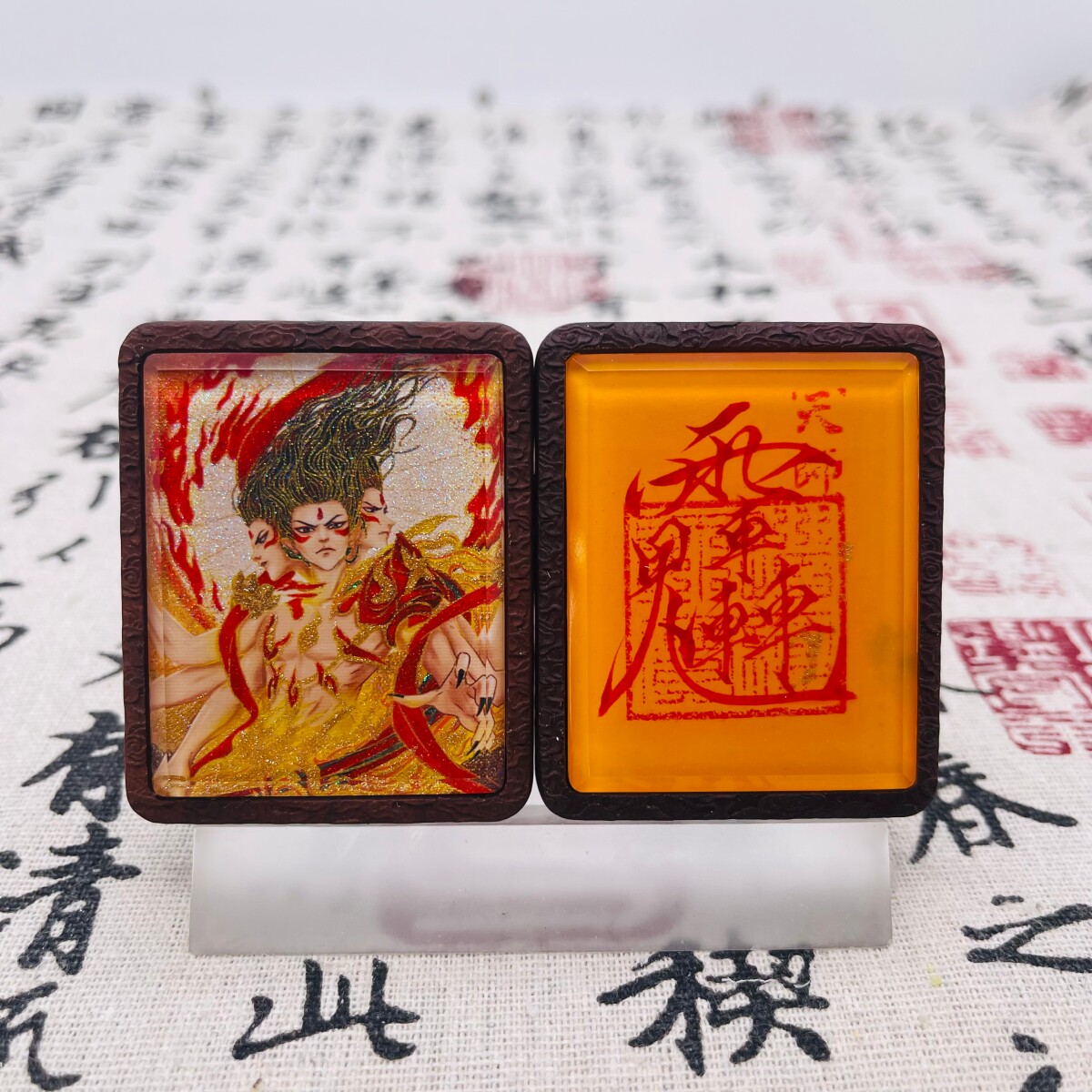 双面洒金手绘哪吒+纯手绘讳字枣木唐卡道牌吊坠镶银南斗北斗