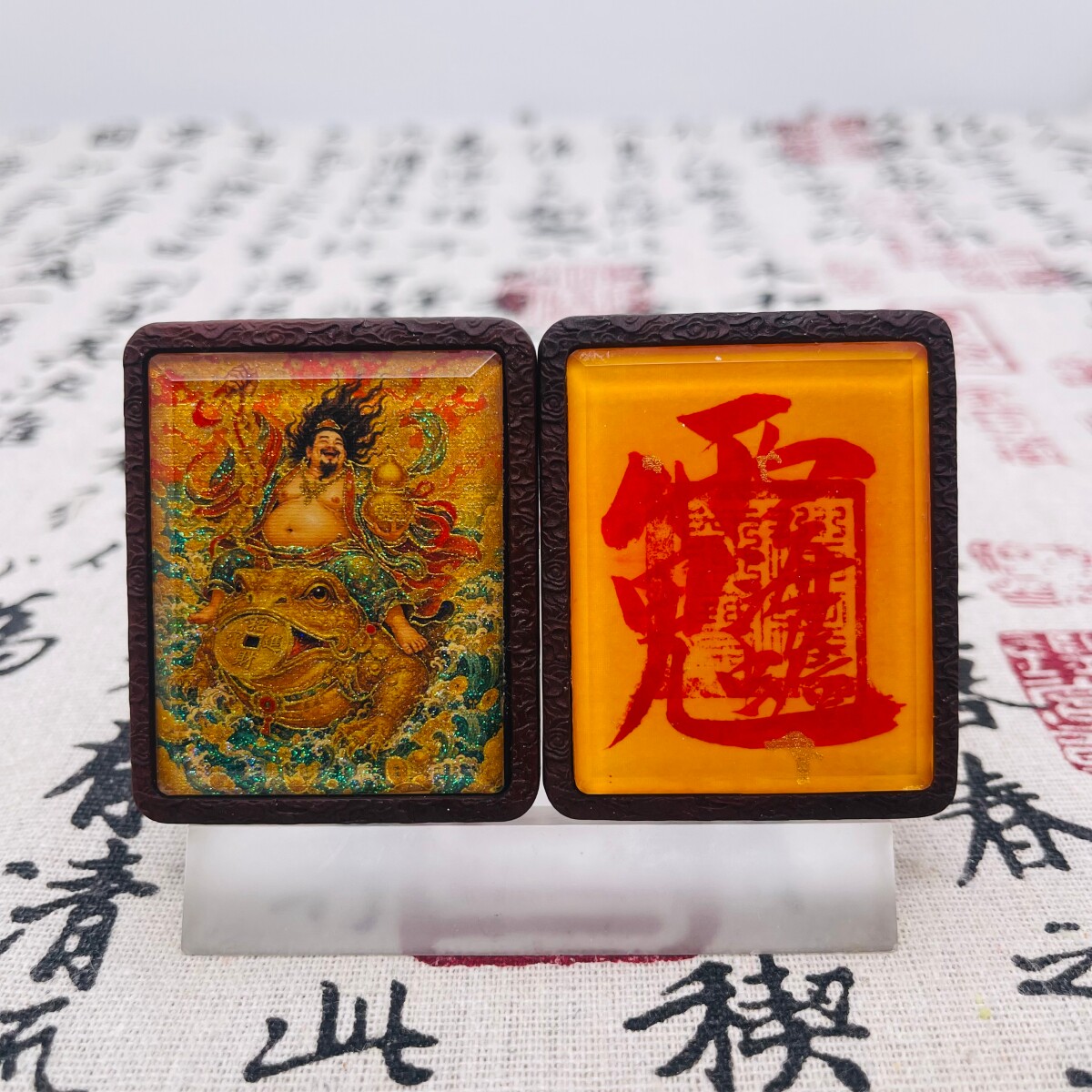 双面洒金手绘刘海蟾+纯手绘讳字枣木唐卡道牌吊坠镶银南斗北斗