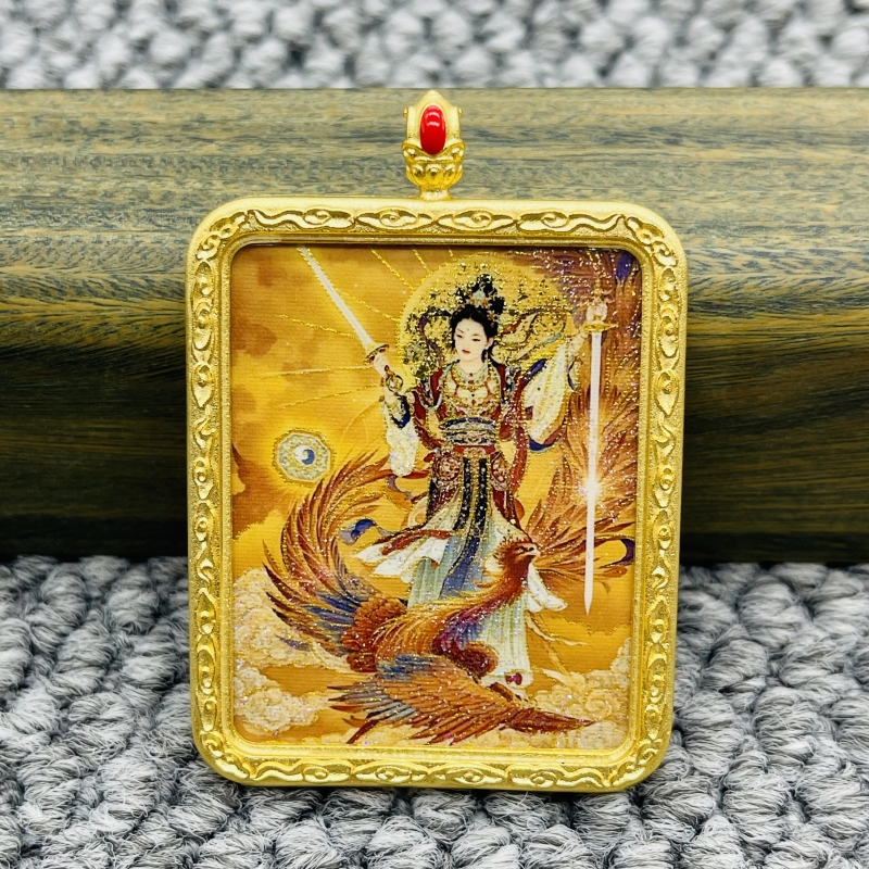 正品洒金纯手绘九天玄女唐卡道牌护身符吊坠铜镀金噶乌盒