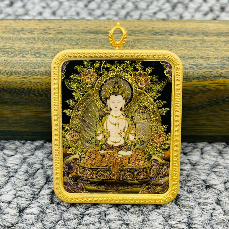 洒金手绘大势至菩萨生肖马本命佛唐卡佛牌护身吊坠噶乌盒
