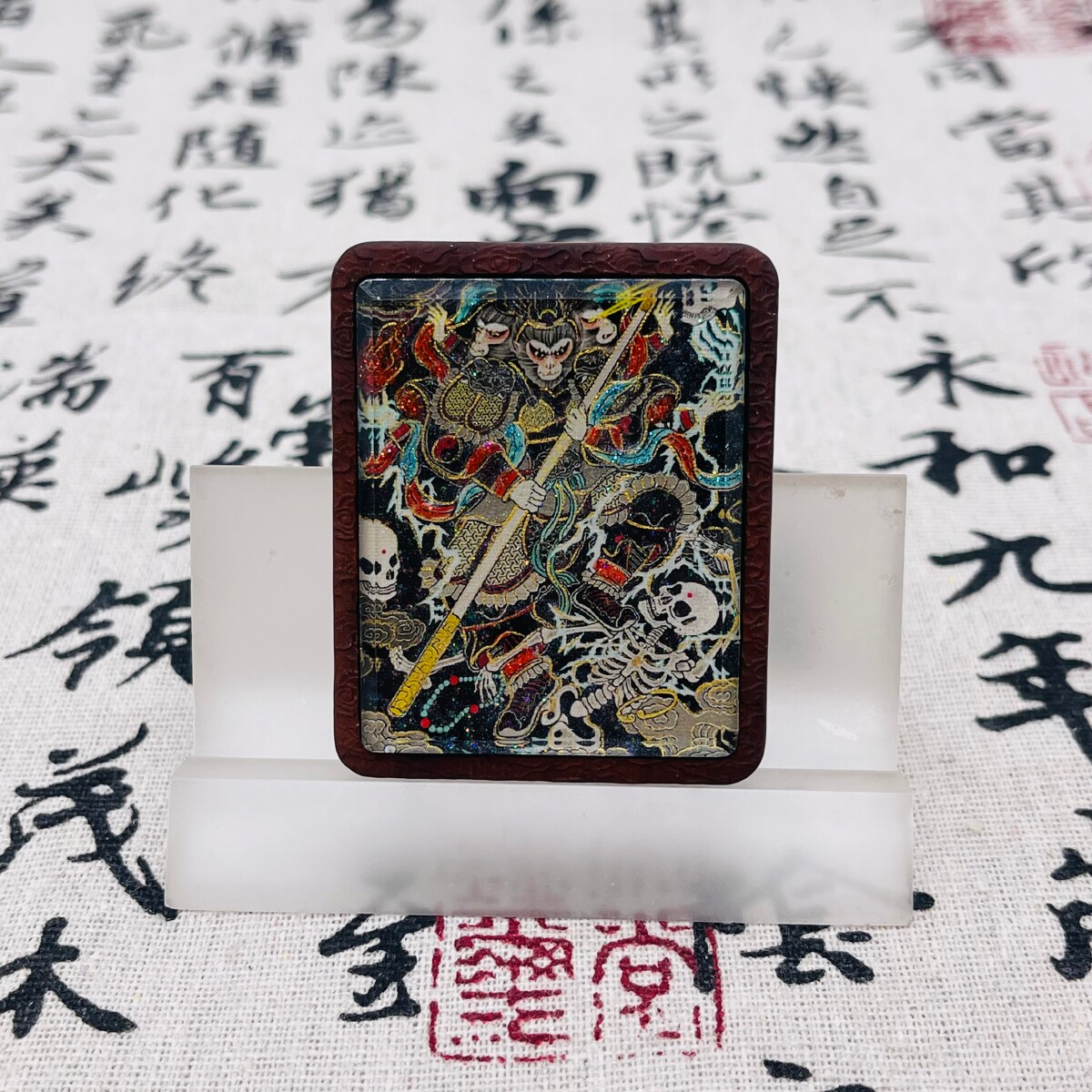双面洒金手绘齐天大圣+纯手绘玄鸟枣木唐卡道牌吊坠镶银南斗北斗