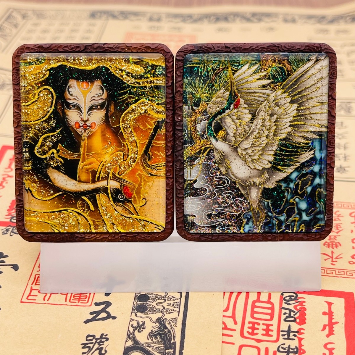 白云观双面洒金手绘白鹤童子+洒金手绘仙鹤枣木唐卡道牌镶银北斗