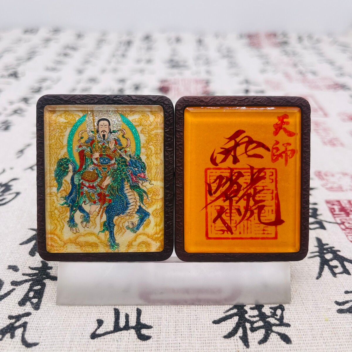双面洒金手绘雷祖+纯手绘讳字枣木唐卡道牌吊坠镶银南斗北斗