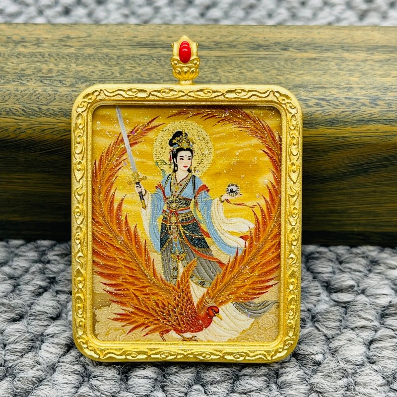 正品洒金手绘九天玄女唐卡道牌护身符吊坠金色噶乌盒