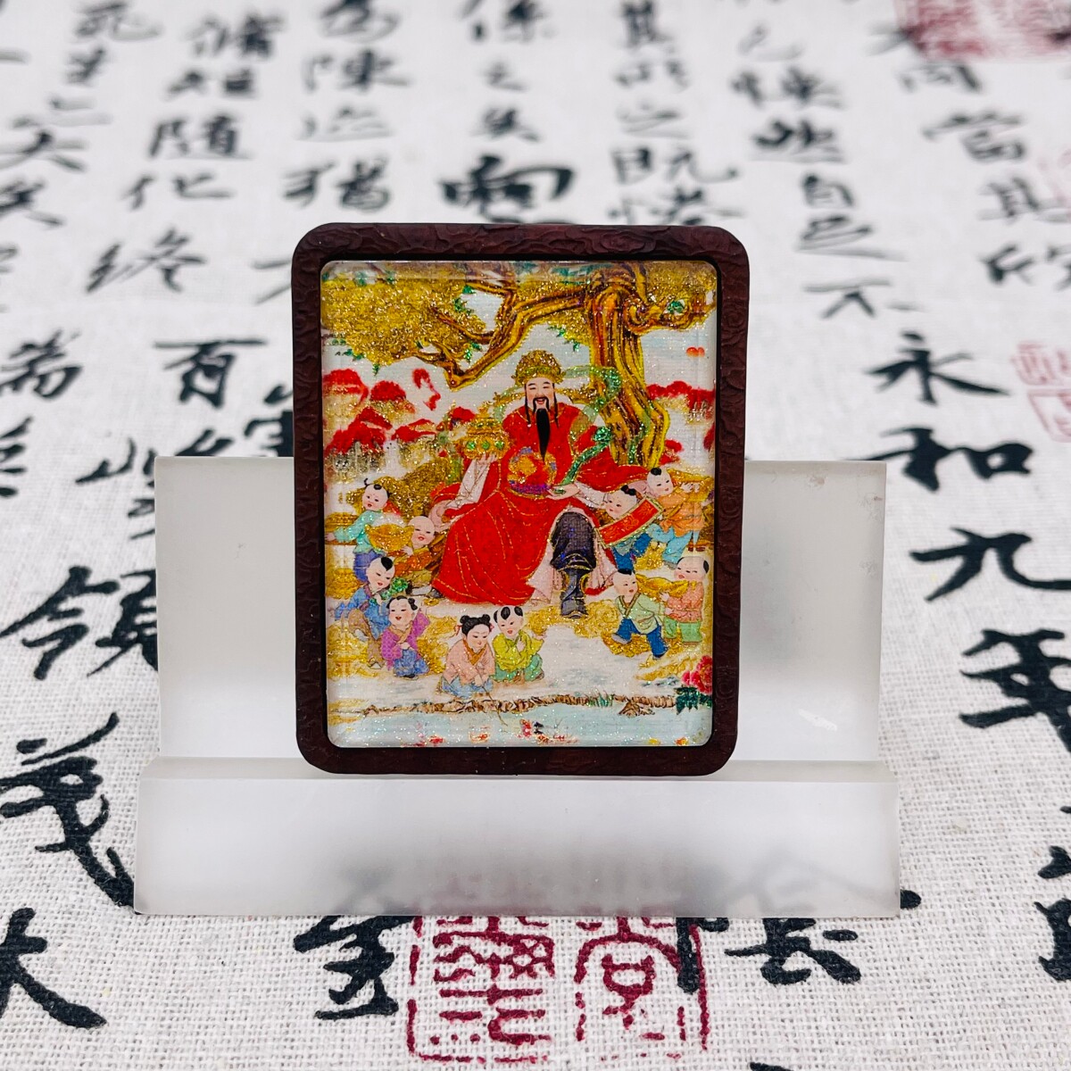 双面洒金手绘文财神+纯手绘五雷枣木唐卡道牌吊坠镶银南斗北斗