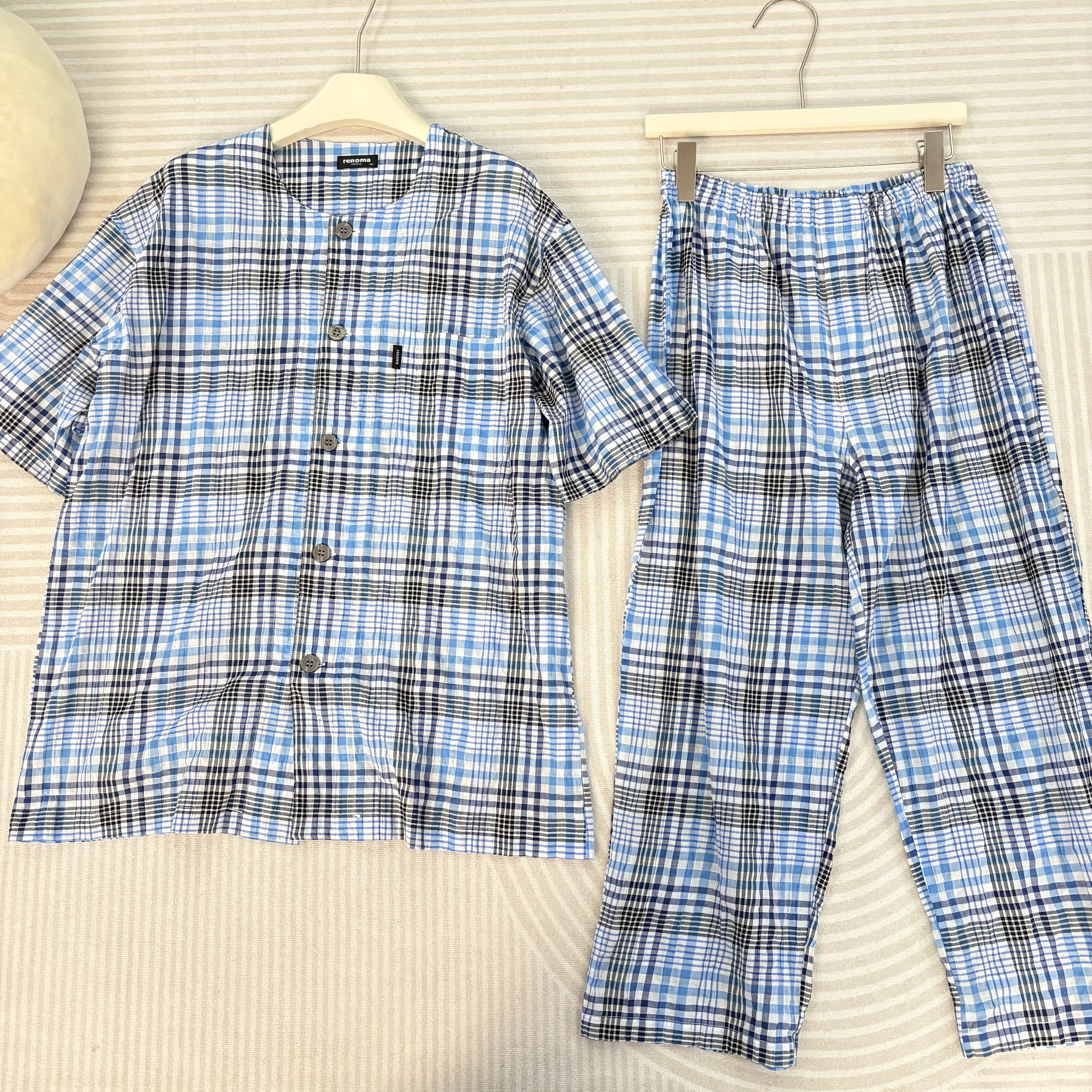 日本 荒川 renoma 纯棉泡泡纱布格纹短袖开襟家居服男款睡衣套装