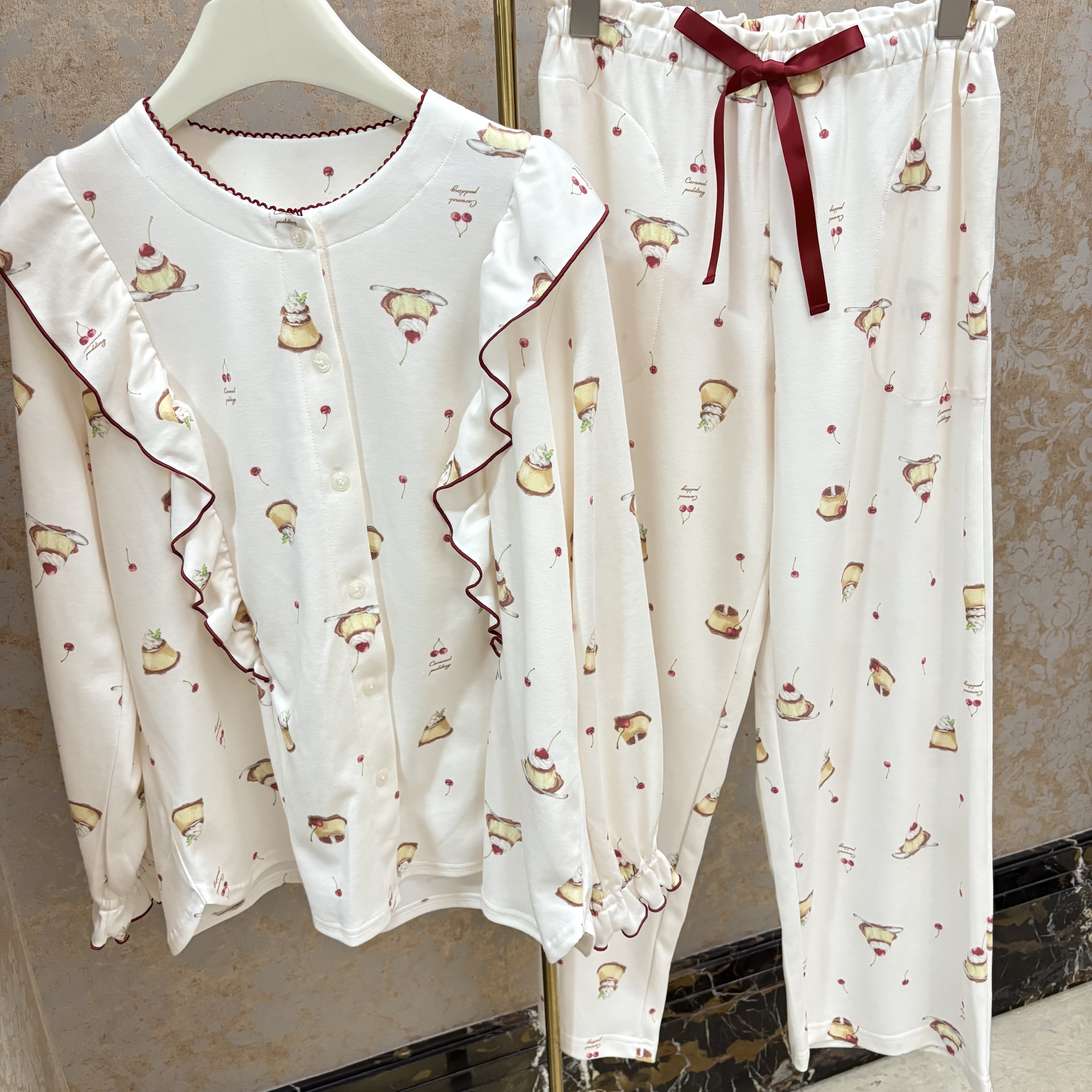 日本 narue 甜美樱桃布丁印花针织弹力棉秋冬女款家居服睡衣套装