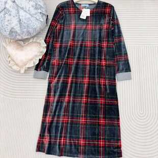 睡裙 超柔弹力绒格纹印花保暖家居服连衣裙女款 日本高端KID BLUE