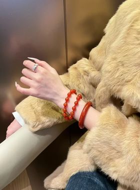 天然红色玛瑙手镯女款冰种玉髓手链本命年玉镯送妈妈新年礼物包邮