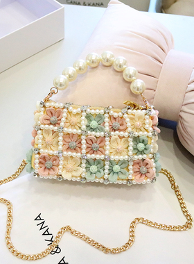 CANA&KANA小众原创珍珠镶钻编织手提包包斜挎甜美花朵2025冬新款