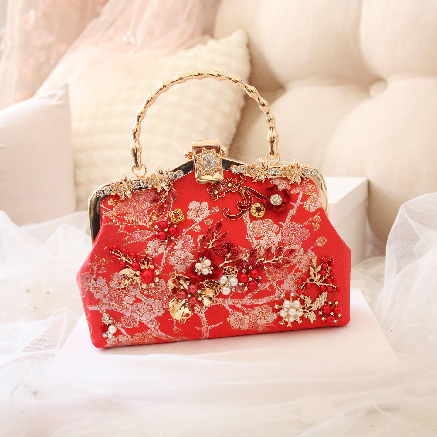 新中式花朵手提包女链条斜挎包红色新娘包配秀禾服旗袍2026春新款