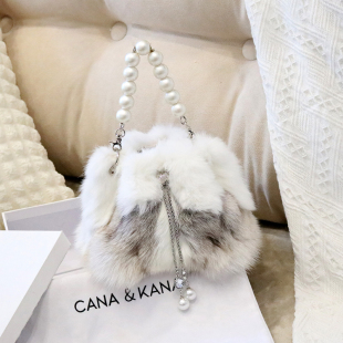 CANA&KANA高级定制整皮狐狸毛皮草水桶包包单肩斜挎珍珠手提洋气