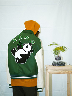 限时特价 ADHD秋冬绿色重磅刺绣翘脚熊猫棒球夹克外套保暖棉服