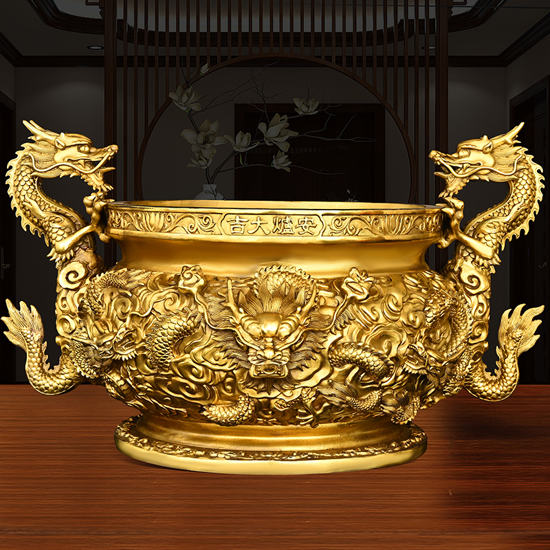 黄铜九龙香炉摆件大号圆底炉双龙家用室内供奉香薰炉工艺品龙戏珠