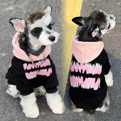 宠物猫狗衣服秋冬卫衣加绒英伦风黑身粉色拼接连帽卫衣雪纳瑞衣服