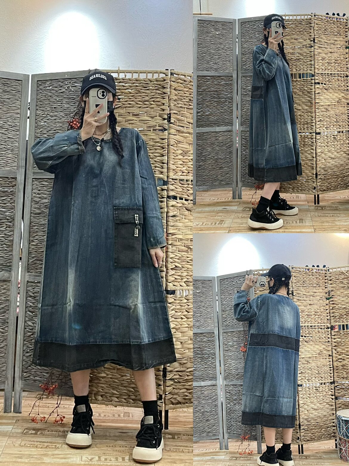 复古盘扣牛仔连衣裙女 2024春秋新款宽松怀旧中长款显瘦长袖袍子