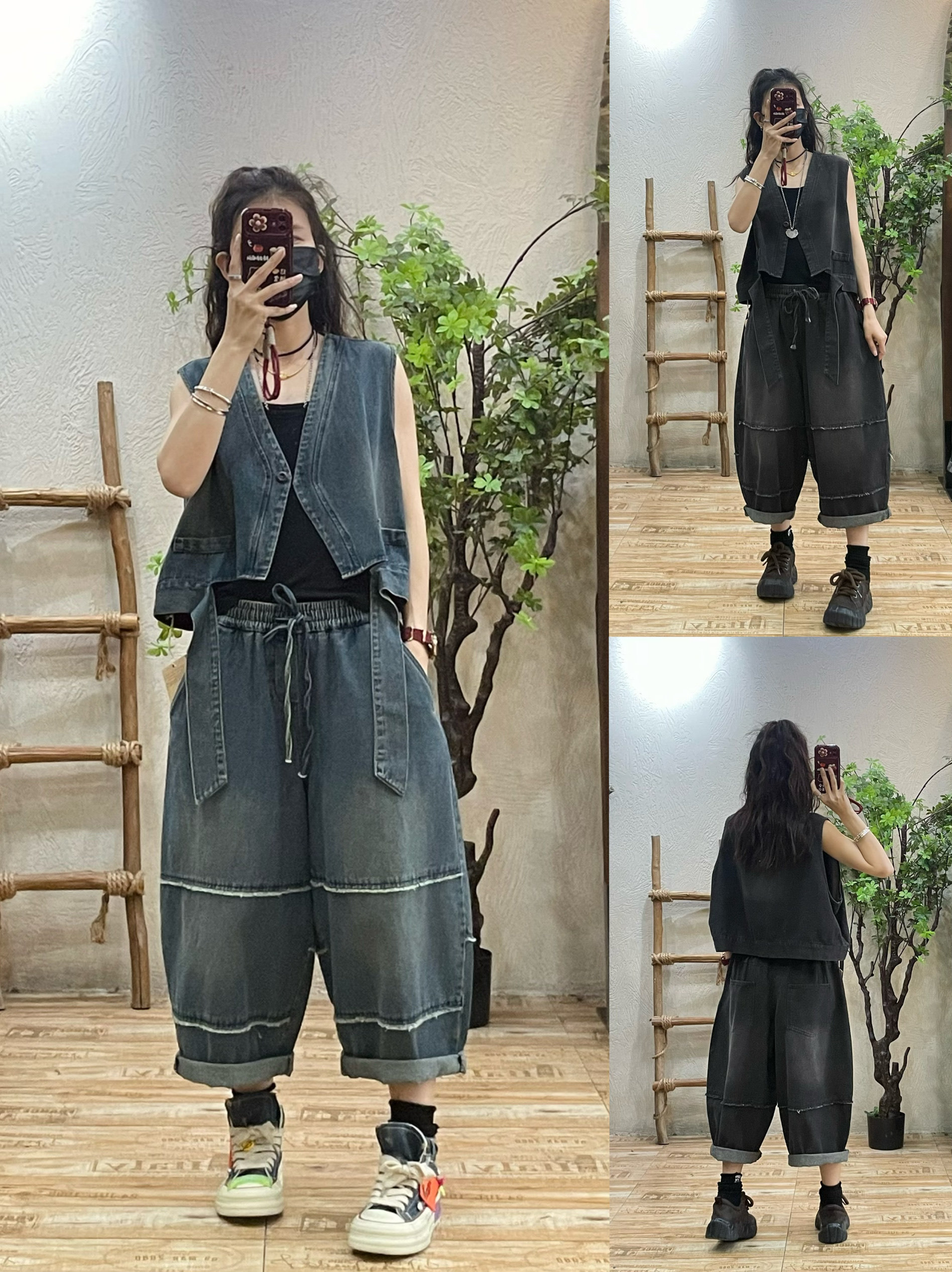 牛仔马甲休闲裤两件套女2025春夏新款宽松显瘦拼接哈伦九分裤套装