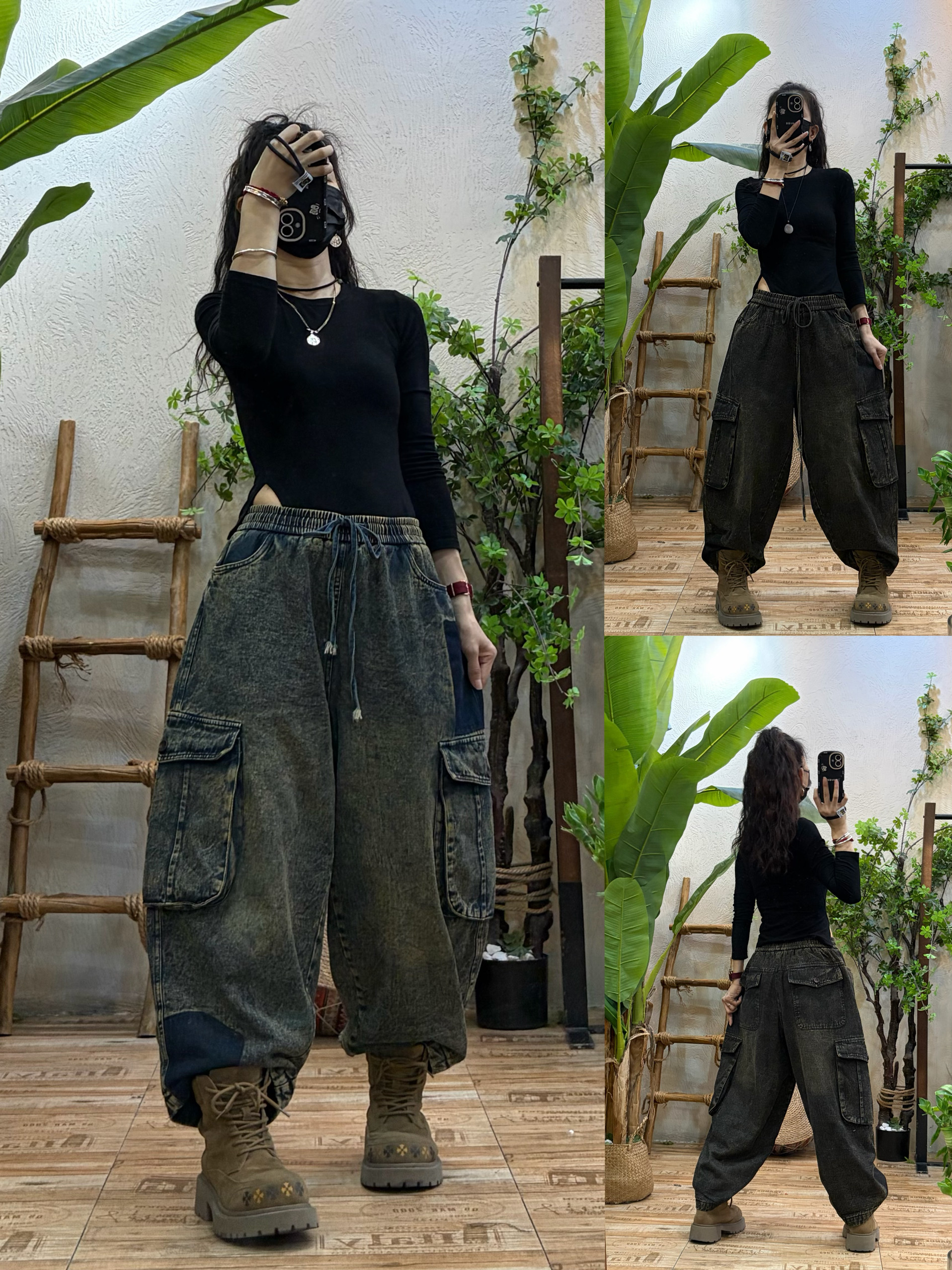 复古做旧加绒工装牛仔裤女 冬季新款宽松休闲个性显瘦哈伦九分裤