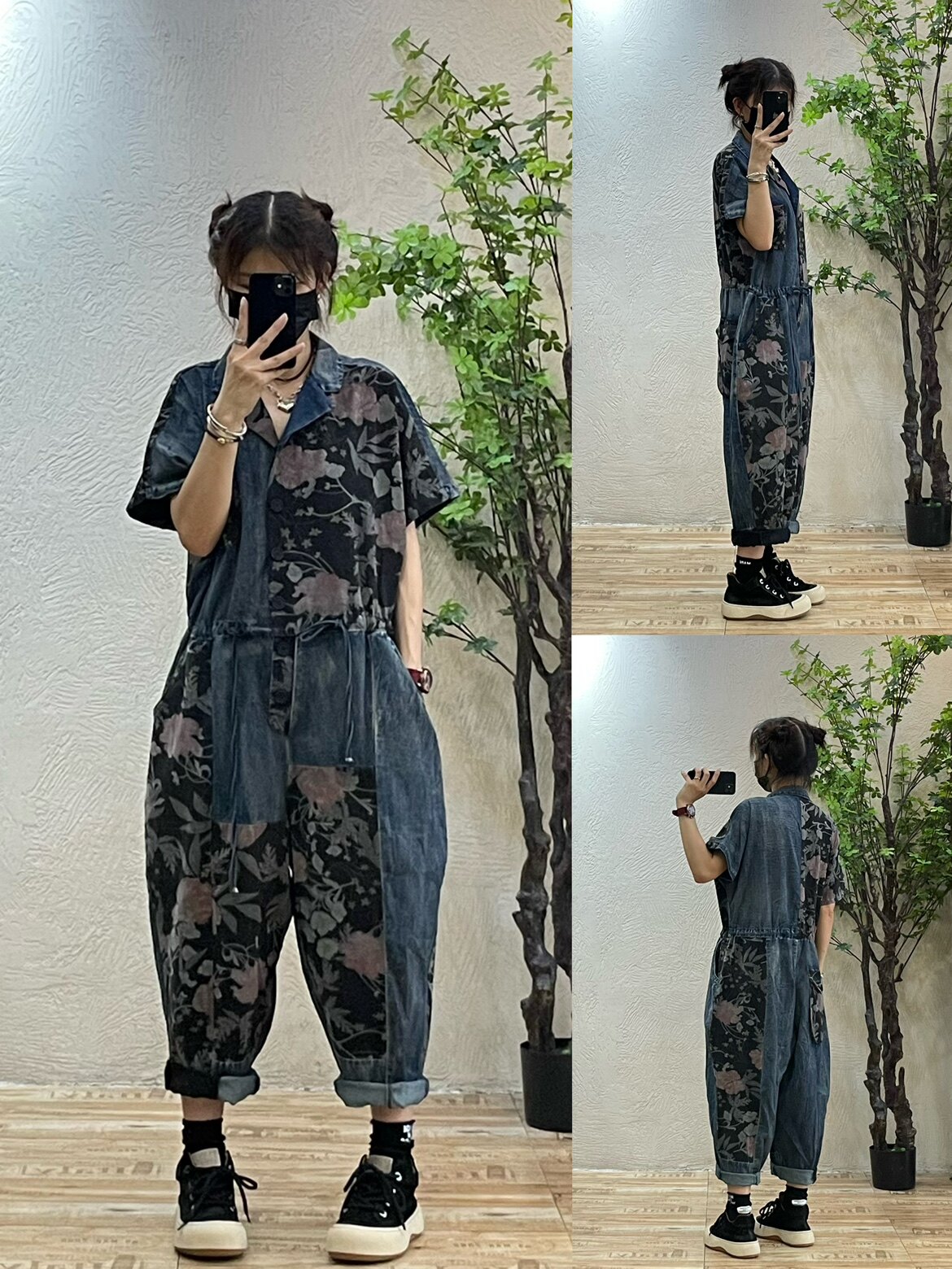 复古印花拼接牛仔连体裤女 夏季新款宽松个性抽绳设计哈伦连衣裤