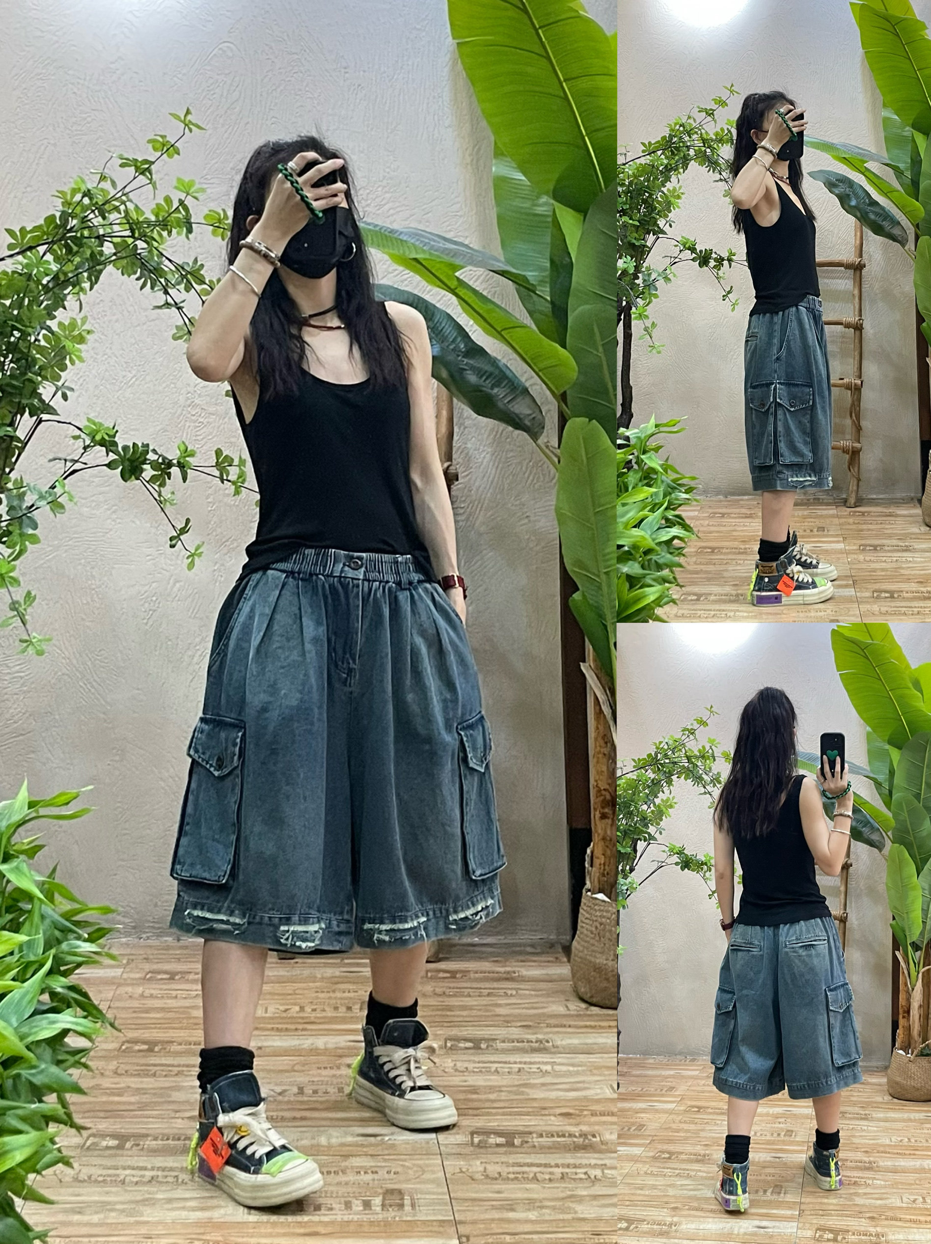 复古做旧牛仔工装短裤女2025夏季新款宽松休闲个性五分裤阔腿裤
