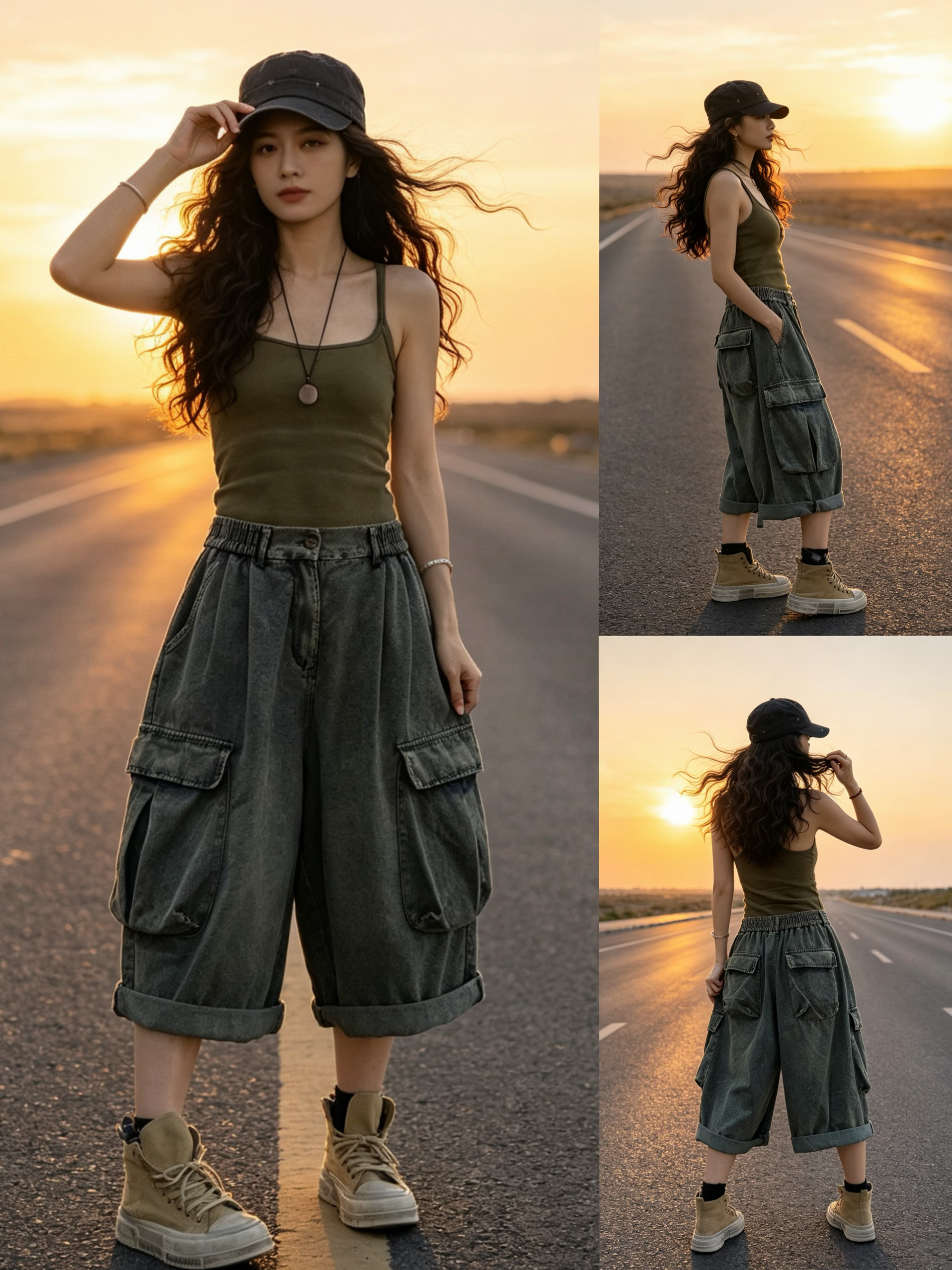 原创2026春夏新款做旧大口袋牛仔七分裤女宽松休闲个性工装阔腿裤