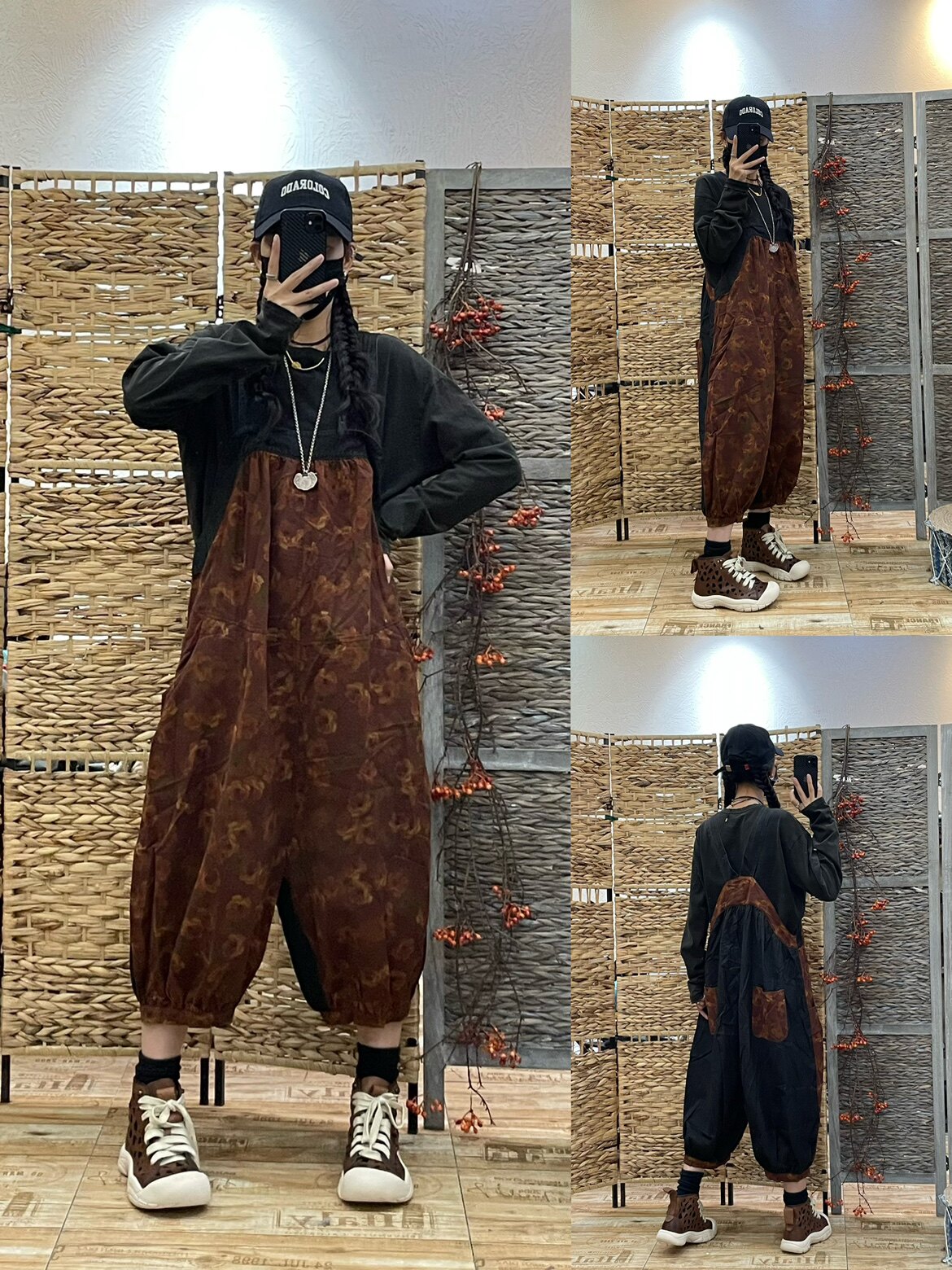 洋气花朵棉麻灯笼背带裤2024春夏新款宽松大码减龄显瘦八分连体裤