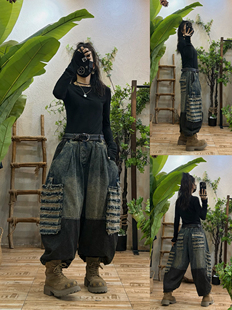 复古做旧加绒工装牛仔裤女 冬季新款宽松个性拼接撞色九分阔腿裤