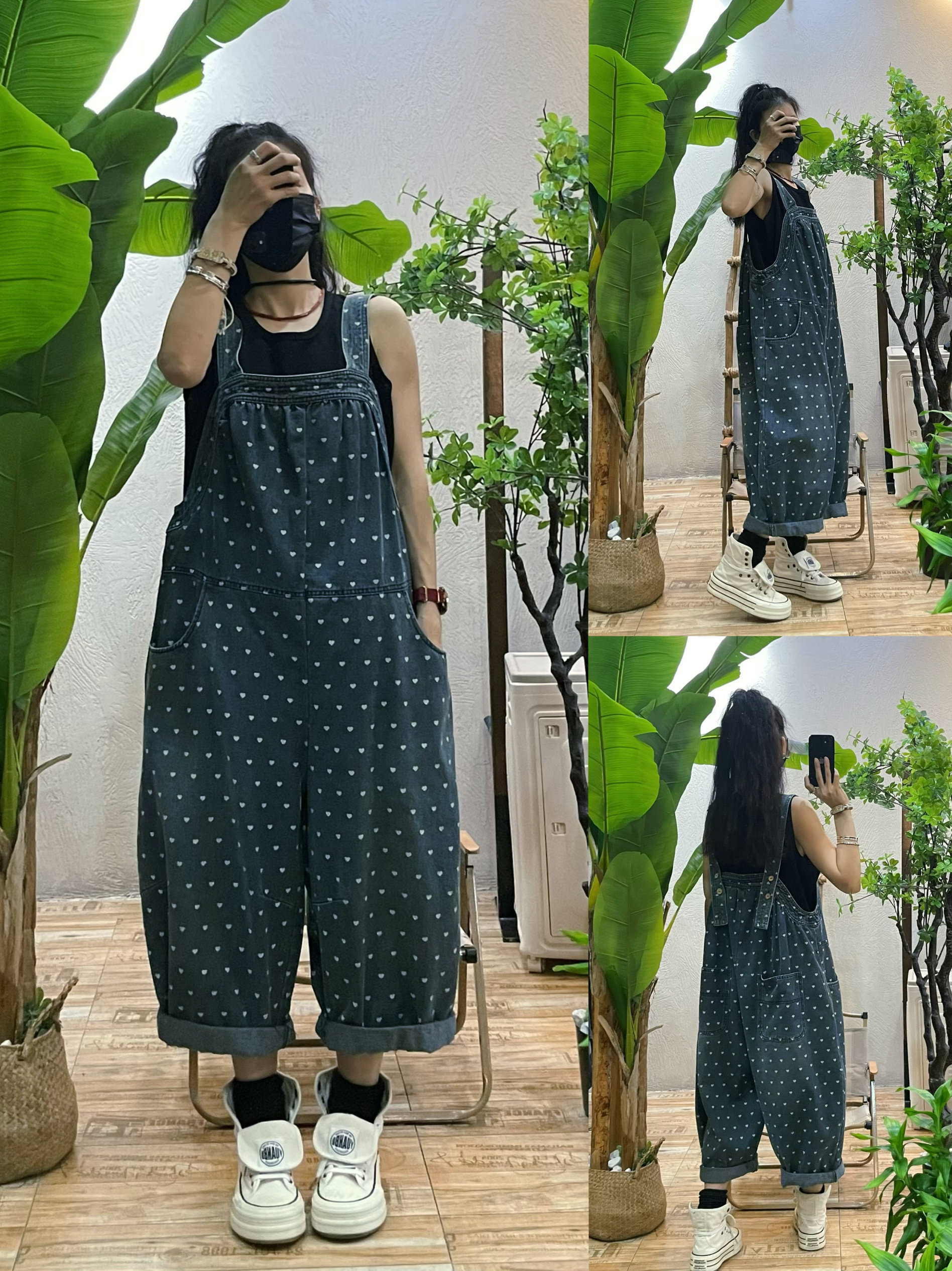 韩版小爱心印花牛仔背带裤女复古休闲减龄显瘦宽松阔腿九分连体裤