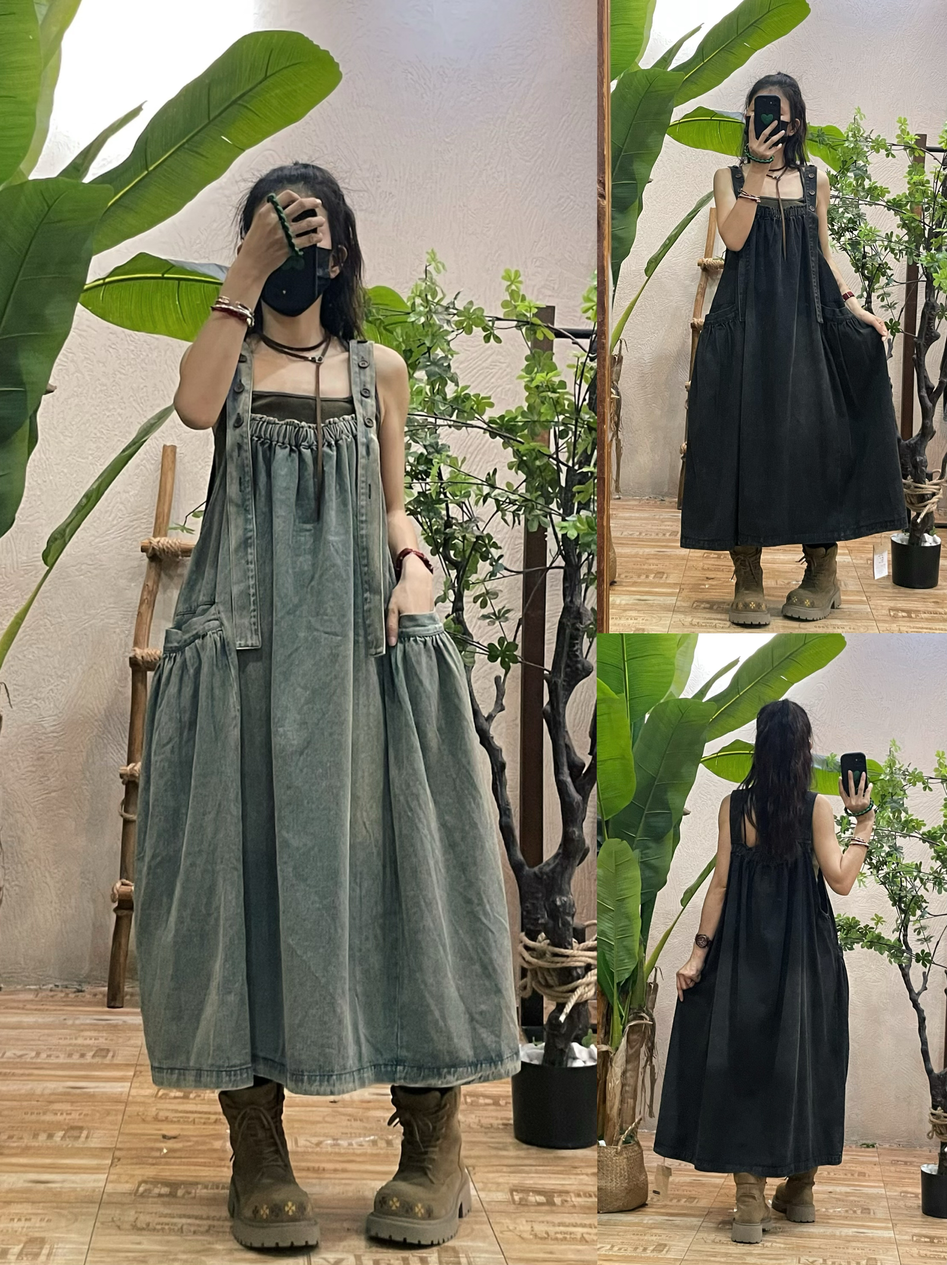 原创复古做旧牛仔背带裙女春秋新款宽松中长款个性休闲大摆连衣裙