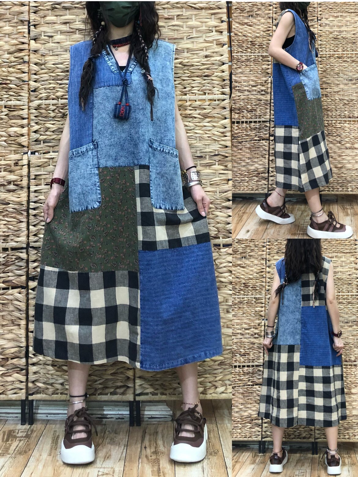 牛仔拼接无袖中长款连衣裙女 2022夏季新款复古时尚V领显瘦背心裙