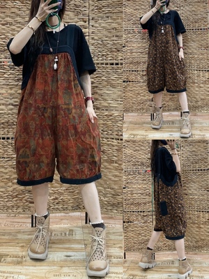 洋气印花灯笼背带裤女2022夏季新复古棉麻宽松大码遮肉五分哈伦裤