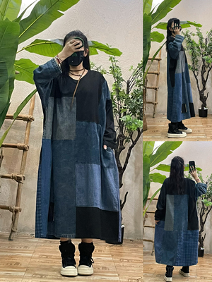 原创复古做旧拼接牛仔连衣裙女秋季新款宽松显廋文艺休闲中长款裙