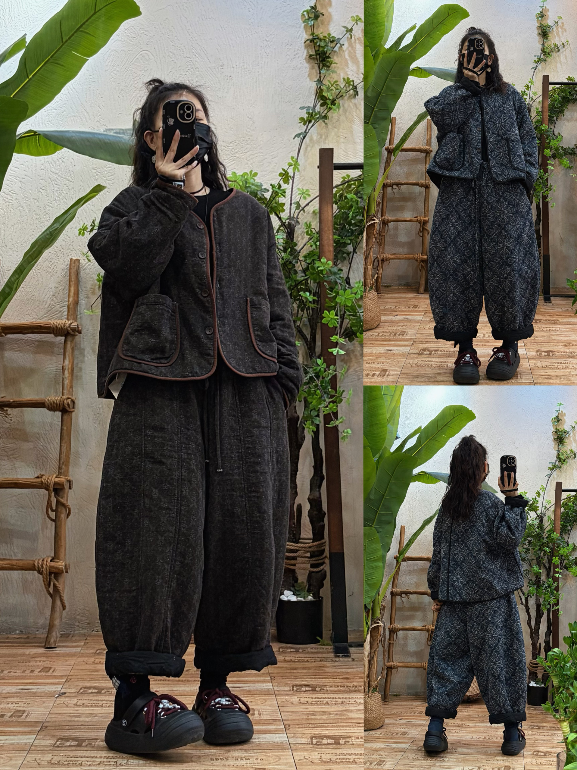 复古做旧印花棉服棉裤两件套女冬季新款宽松休闲个性棉衣外套套装
