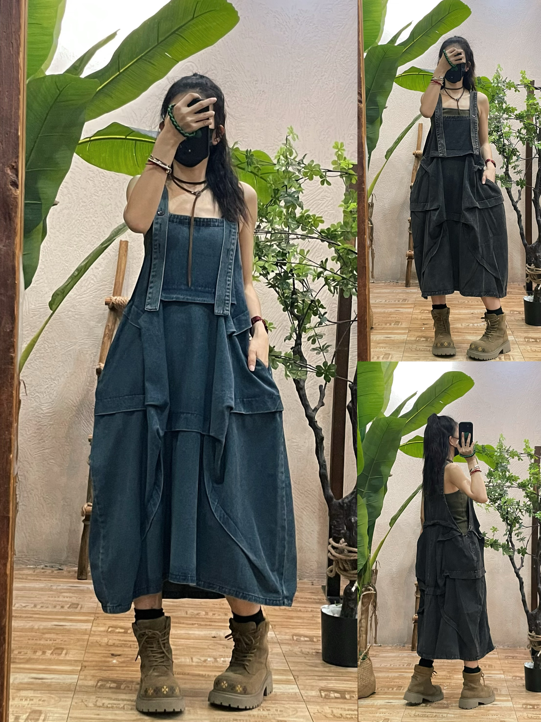 堆叠法式牛仔吊带连衣裙女 春秋新款宽松显廋小众设计褶皱背带裙