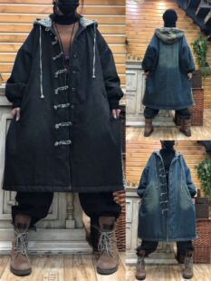 时尚一族20冬季女装连帽中长款牛仔夹棉外套棉服洋气大码百搭棉衣