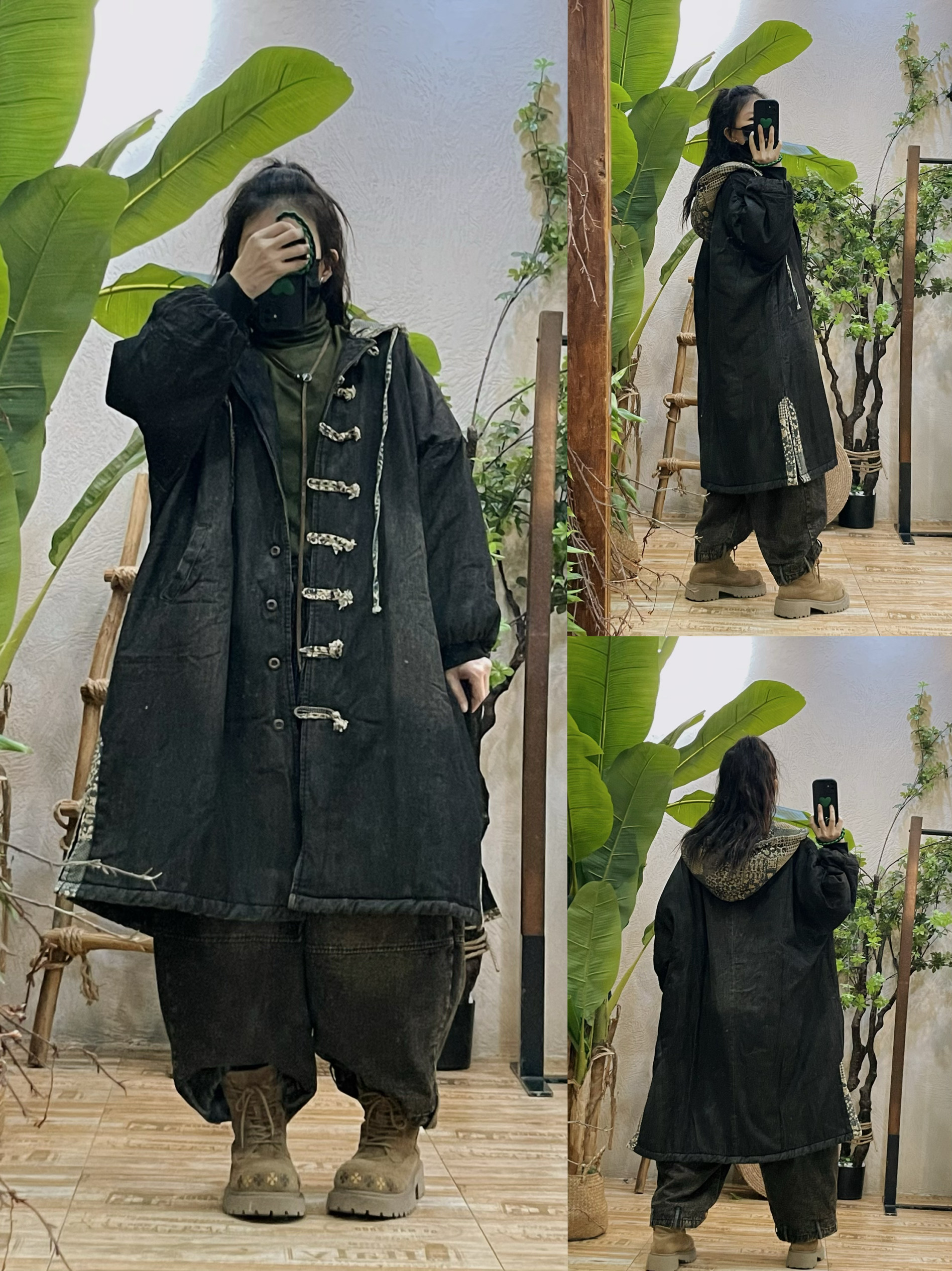 原创复古做旧牛仔夹棉外套女冬季新款宽松个性连帽中长款棉服大衣