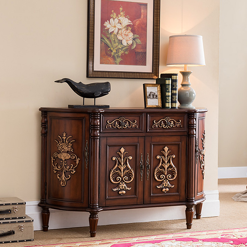 美式半圆柜实木餐边柜客厅入户玄关柜沙发边柜彩绘复古玄关台家具