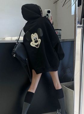 甜美可爱米奇印花黑色连帽卫衣女秋冬季宽松休闲时尚百搭套头外套