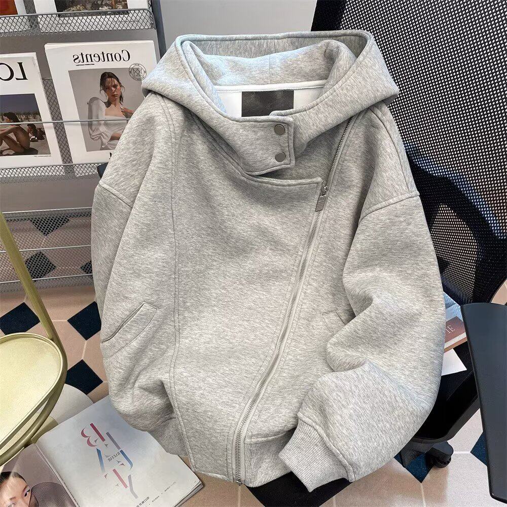 高街美式设计感不规则双拉链卫衣男女春秋重磅连帽开衫外套黑色