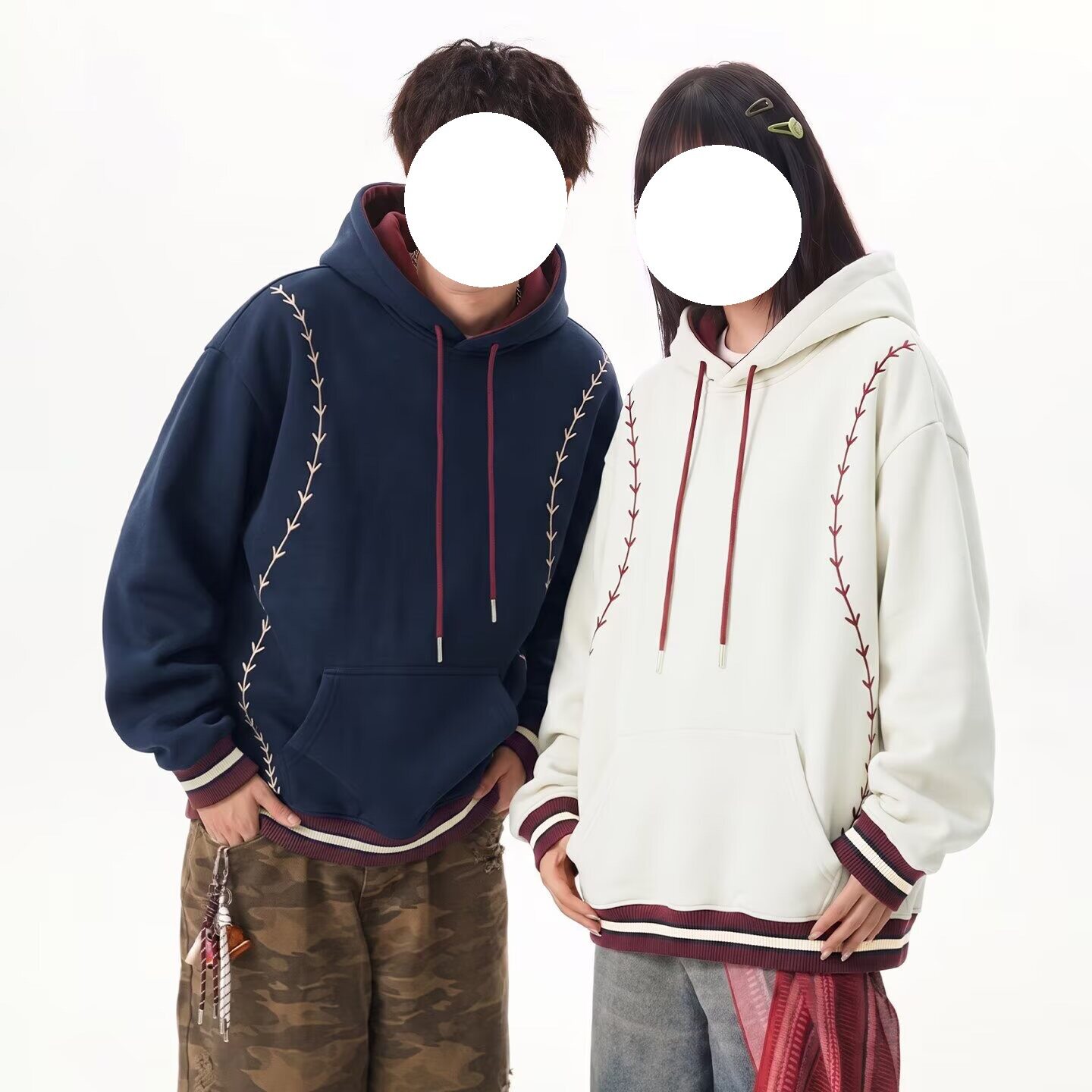 美式休闲撞色刺绣连帽卫衣男女2026秋季新款重磅宽松廓形帽衫外套