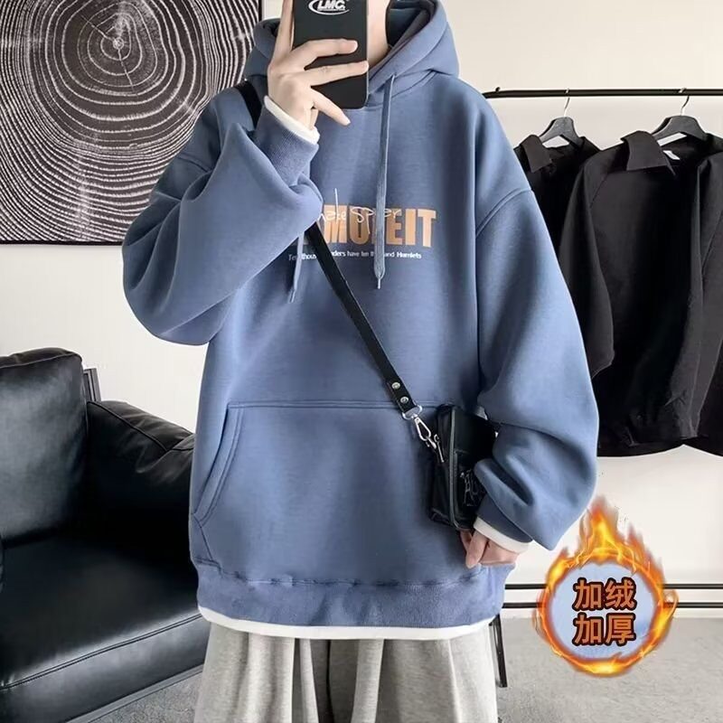 宽松型卫衣男士原宿潮牌套头日常连帽潮流青春流行加绒简约上衣服