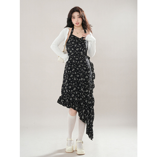 开衫 新款 黑色碎花吊带连衣裙 2025春季 气质淑女超仙法式 甜美套装